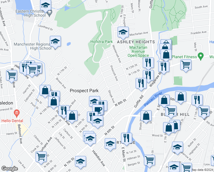 map of restaurants, bars, coffee shops, grocery stores, and more near North 11th Street & Struyk Avenue in Haledon