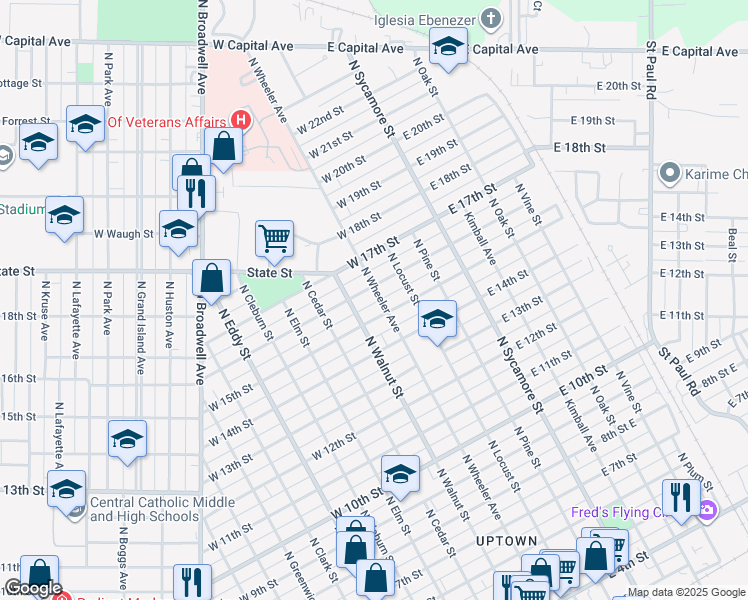 map of restaurants, bars, coffee shops, grocery stores, and more near 300-398 W 16th St in Grand Island