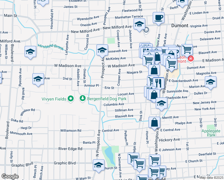map of restaurants, bars, coffee shops, grocery stores, and more near 144 Erie Street in Dumont