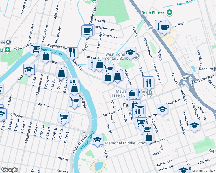 map of restaurants, bars, coffee shops, grocery stores, and more near 17-10 River Road in Fair Lawn