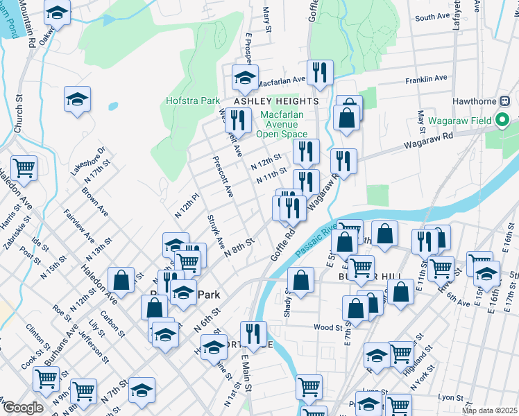 map of restaurants, bars, coffee shops, grocery stores, and more near 59 Westervelt Avenue in Hawthorne