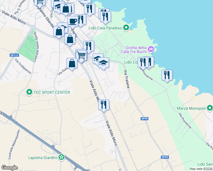 map of restaurants, bars, coffee shops, grocery stores, and more near 43 Via Jones Melvin in Monopoli