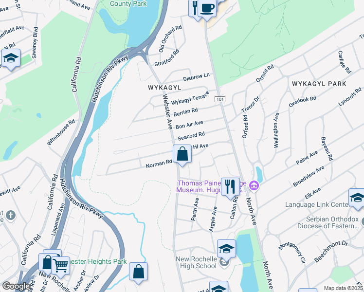 map of restaurants, bars, coffee shops, grocery stores, and more near 76 Seacord Road in New Rochelle