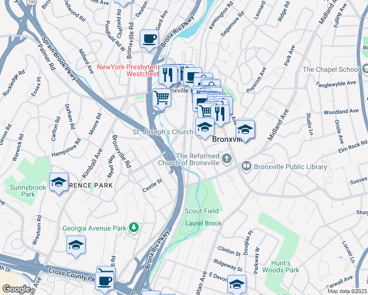 map of restaurants, bars, coffee shops, grocery stores, and more near 41 Parkway Road in Bronxville