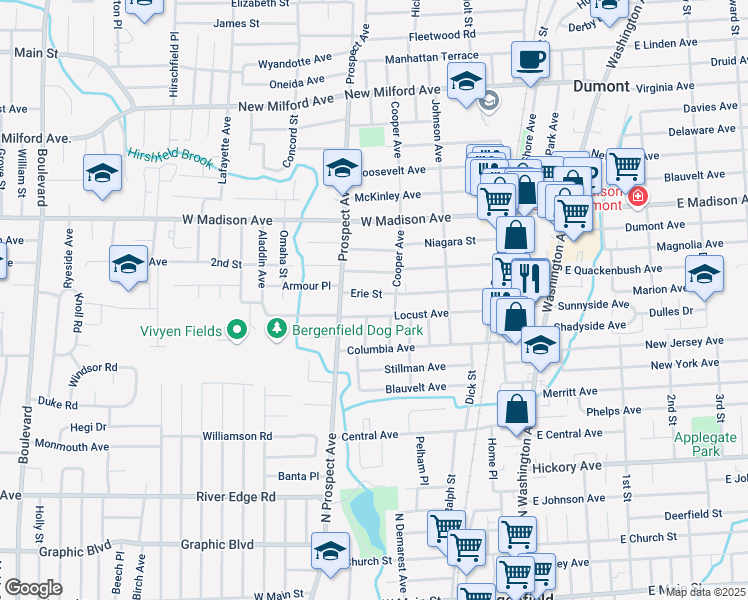 map of restaurants, bars, coffee shops, grocery stores, and more near 144 Erie Street in Dumont
