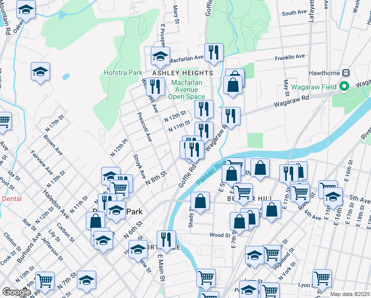map of restaurants, bars, coffee shops, grocery stores, and more near 64 North 8th Street in Hawthorne