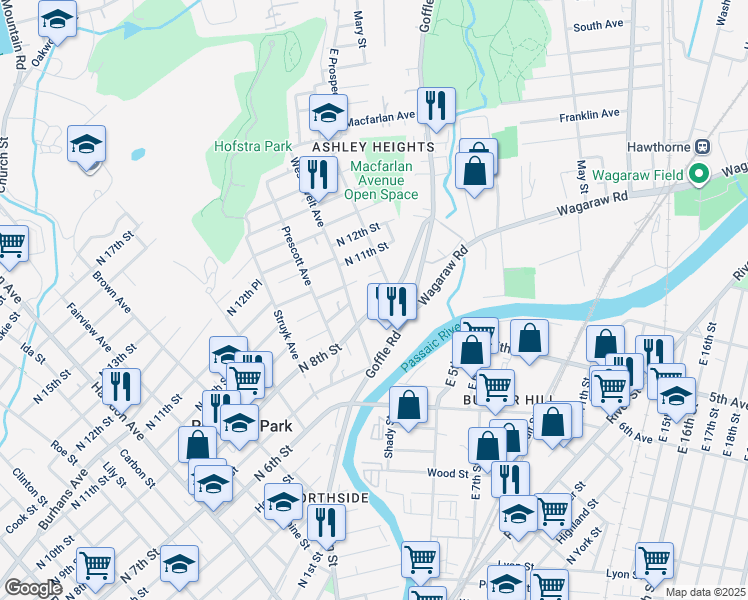 map of restaurants, bars, coffee shops, grocery stores, and more near 64 North 8th Street in Hawthorne