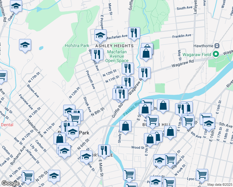 map of restaurants, bars, coffee shops, grocery stores, and more near 64 North 8th Street in Hawthorne