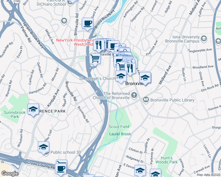map of restaurants, bars, coffee shops, grocery stores, and more near 41 Parkway Road in Bronxville