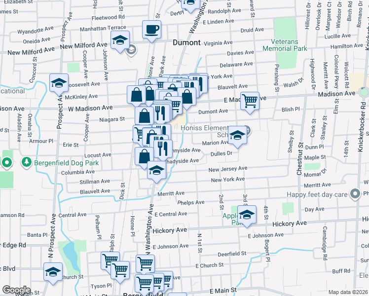 map of restaurants, bars, coffee shops, grocery stores, and more near 8 Brook Street in Dumont