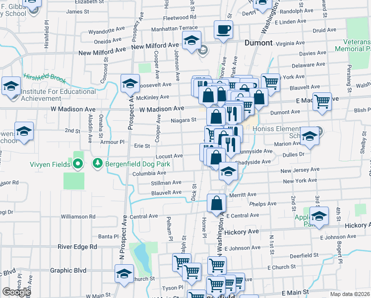 map of restaurants, bars, coffee shops, grocery stores, and more near 28 Erie Street in Dumont