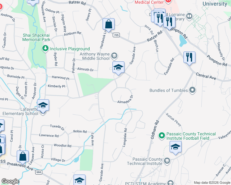 map of restaurants, bars, coffee shops, grocery stores, and more near 4 Almadera Drive in Wayne