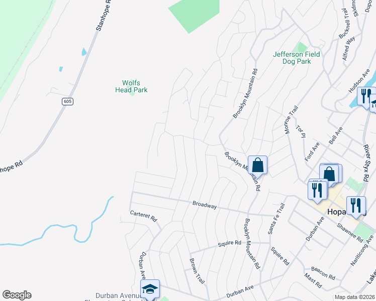 map of restaurants, bars, coffee shops, grocery stores, and more near 56 Tufts Trail in Hopatcong