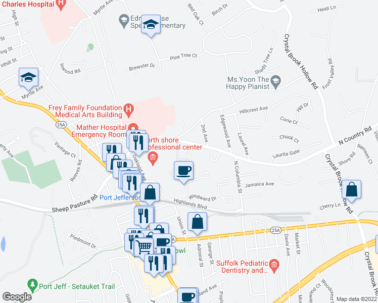 map of restaurants, bars, coffee shops, grocery stores, and more near 118 N Country Rd in Port Jefferson