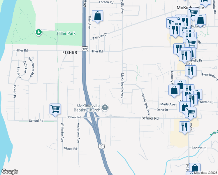 map of restaurants, bars, coffee shops, grocery stores, and more near 1805 Caroline Avenue in McKinleyville