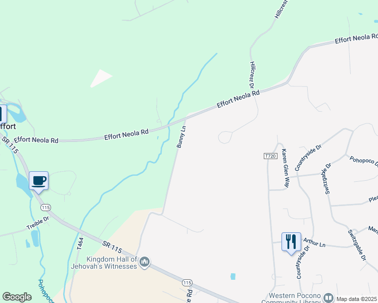 map of restaurants, bars, coffee shops, grocery stores, and more near 1312 Bunny Lane in Brodheadsville
