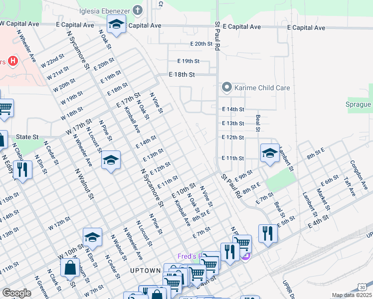 map of restaurants, bars, coffee shops, grocery stores, and more near 1252-1298 North Vine Street in Grand Island