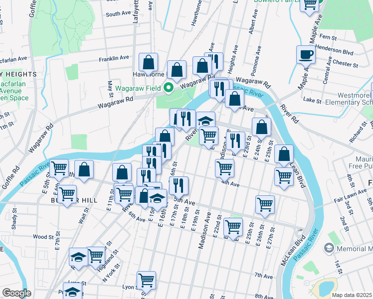map of restaurants, bars, coffee shops, grocery stores, and more near 4 3rd Avenue in Paterson