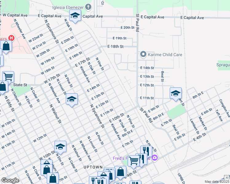 map of restaurants, bars, coffee shops, grocery stores, and more near 1252 North Vine Street in Grand Island