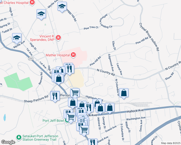 map of restaurants, bars, coffee shops, grocery stores, and more near 118 North Country Road in Port Jefferson