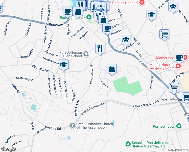 map of restaurants, bars, coffee shops, grocery stores, and more near 2 Dark Hollow Road in Port Jefferson