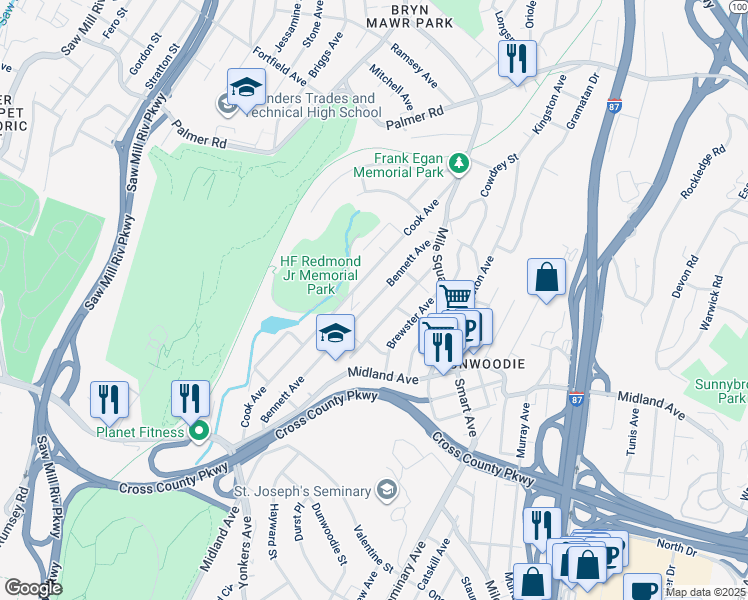 map of restaurants, bars, coffee shops, grocery stores, and more near 174 Bennett Avenue in Yonkers