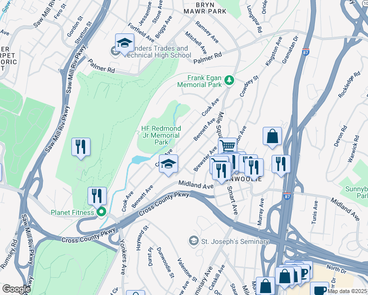 map of restaurants, bars, coffee shops, grocery stores, and more near 1 Winston Place in Yonkers