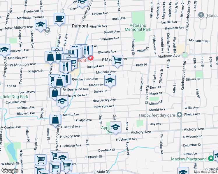 map of restaurants, bars, coffee shops, grocery stores, and more near 36 Depew Street in Dumont