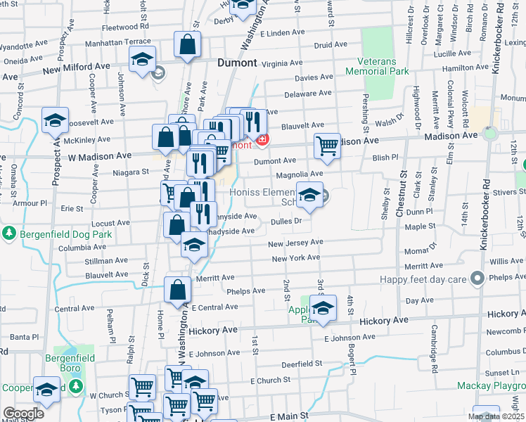 map of restaurants, bars, coffee shops, grocery stores, and more near in Dumont