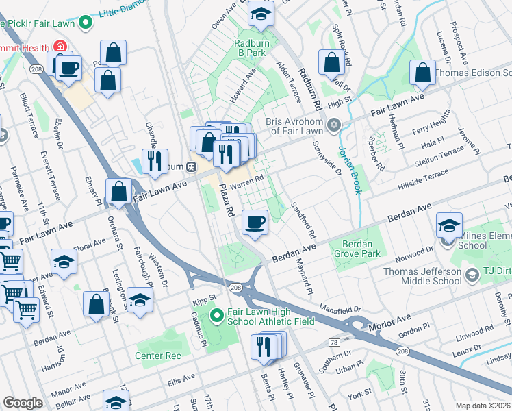 map of restaurants, bars, coffee shops, grocery stores, and more near 14 Townley Road in Fair Lawn