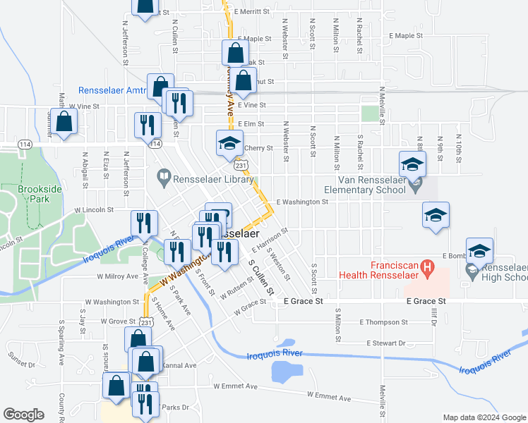 map of restaurants, bars, coffee shops, grocery stores, and more near 401-499 E Washington St in Rensselaer