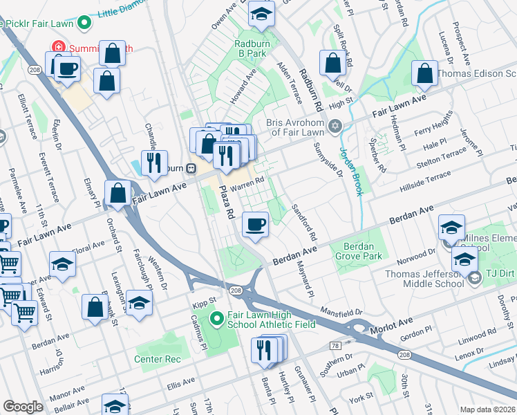 map of restaurants, bars, coffee shops, grocery stores, and more near 14 Townley Road in Fair Lawn