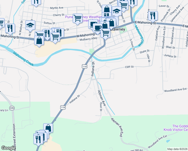 map of restaurants, bars, coffee shops, grocery stores, and more near 57 Gilpin Street Extension in Punxsutawney