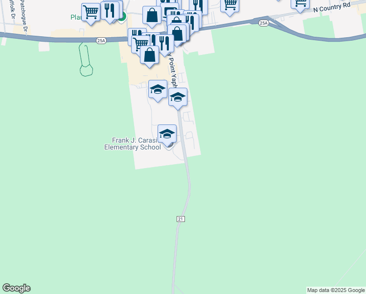 map of restaurants, bars, coffee shops, grocery stores, and more near 90 Rocky Point Yaphank Road in Rocky Point
