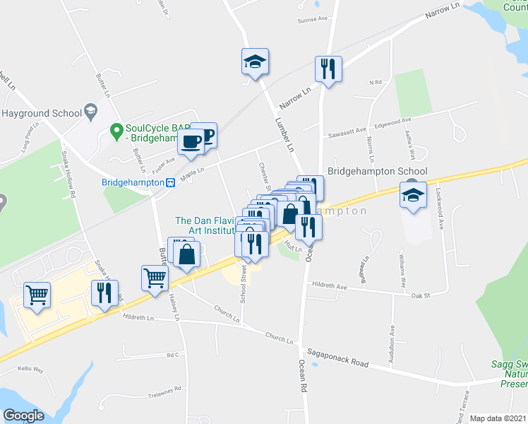 map of restaurants, bars, coffee shops, grocery stores, and more near 47 Newman Avenue in Bridgehampton