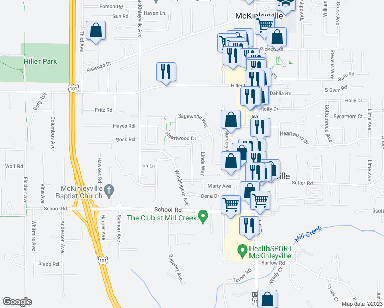 map of restaurants, bars, coffee shops, grocery stores, and more near 1847 Edeline Avenue in McKinleyville