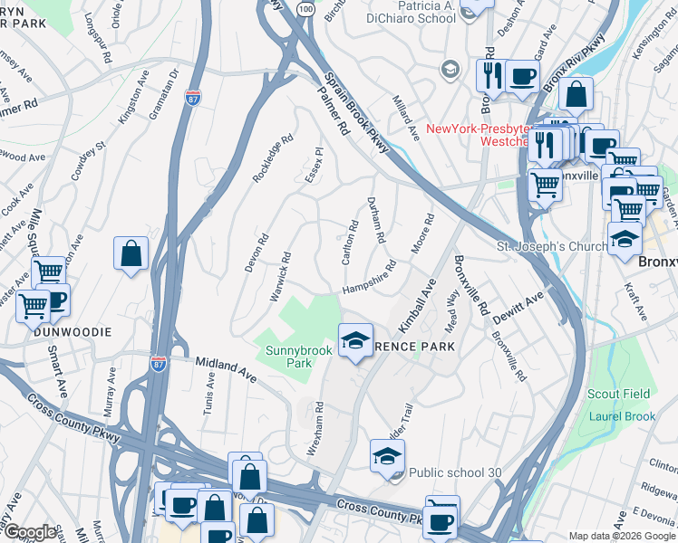 map of restaurants, bars, coffee shops, grocery stores, and more near 27 Carlton Road in Yonkers