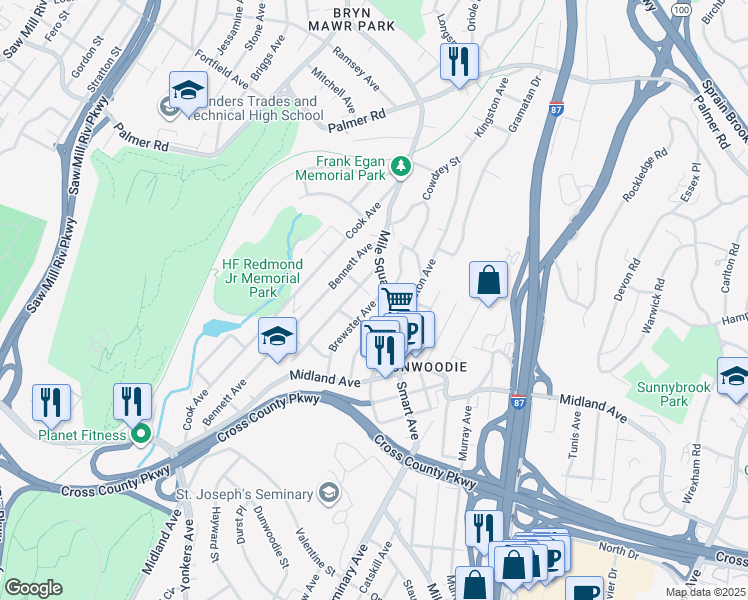 map of restaurants, bars, coffee shops, grocery stores, and more near 24 Ashford Place in Yonkers