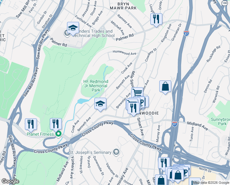 map of restaurants, bars, coffee shops, grocery stores, and more near 174 Bennett Avenue in Yonkers