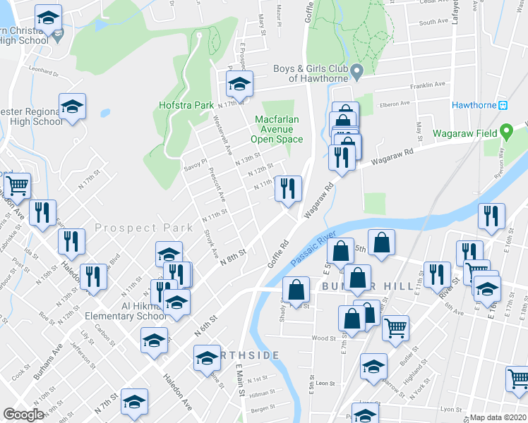 map of restaurants, bars, coffee shops, grocery stores, and more near 77 Westervelt Avenue in Hawthorne