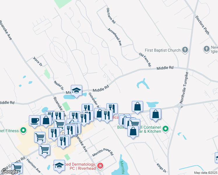 map of restaurants, bars, coffee shops, grocery stores, and more near 497 Middle Road in Riverhead