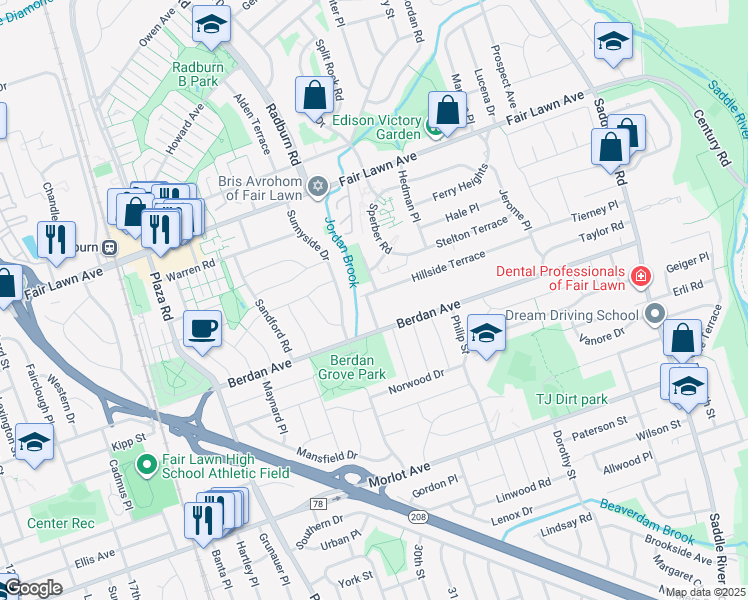 map of restaurants, bars, coffee shops, grocery stores, and more near 12-25 Sampson Road in Fair Lawn
