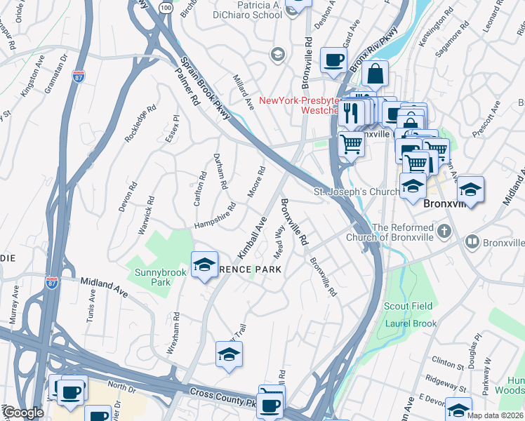 map of restaurants, bars, coffee shops, grocery stores, and more near 161 Hampshire Road in Yonkers