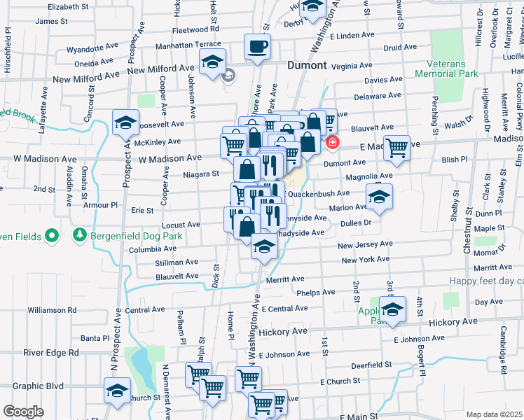 map of restaurants, bars, coffee shops, grocery stores, and more near 50 Washington Avenue in Dumont