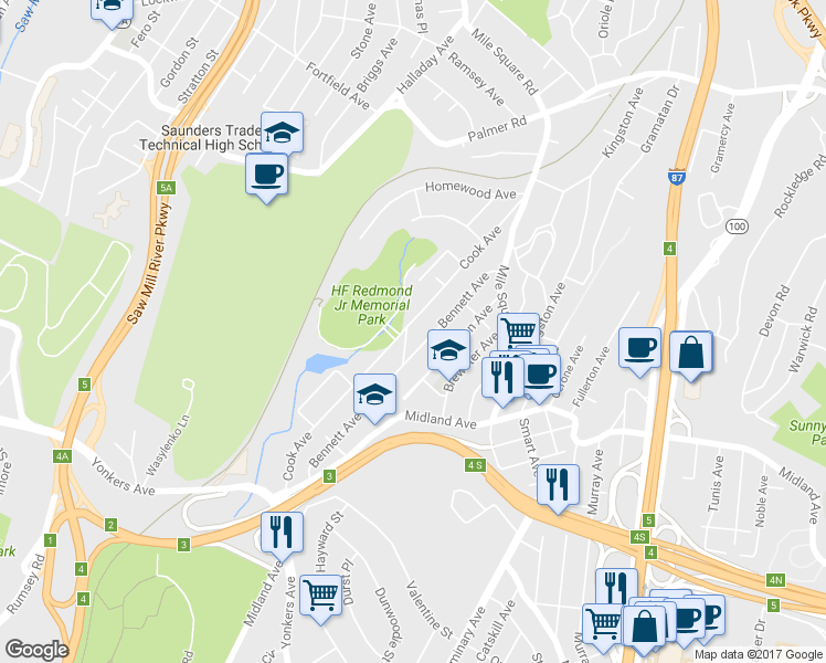 map of restaurants, bars, coffee shops, grocery stores, and more near 1 Winston Place in Yonkers