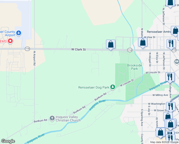 map of restaurants, bars, coffee shops, grocery stores, and more near Meadow Circle in Rensselaer