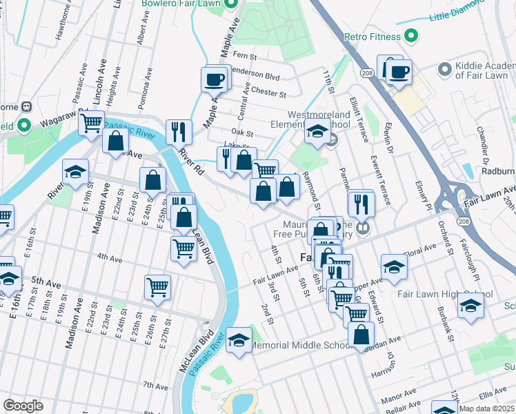 map of restaurants, bars, coffee shops, grocery stores, and more near 17-10 River Road in Fair Lawn