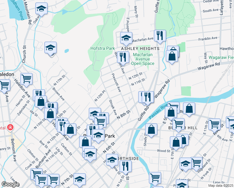 map of restaurants, bars, coffee shops, grocery stores, and more near 427 North 11th Street in Prospect Park