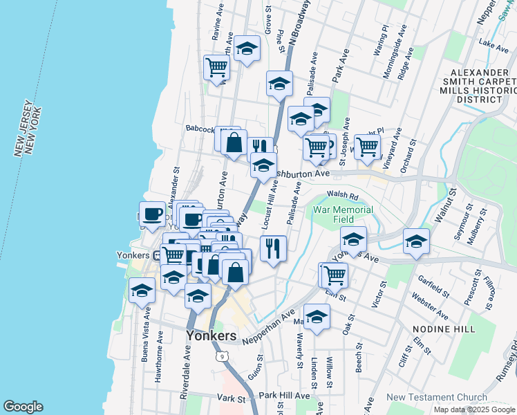 map of restaurants, bars, coffee shops, grocery stores, and more near 93 Locust Hill Avenue in Yonkers