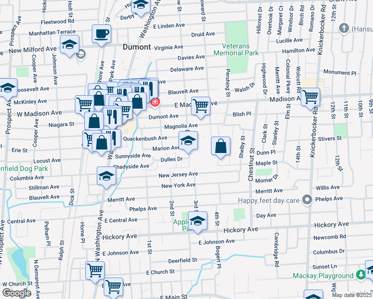 map of restaurants, bars, coffee shops, grocery stores, and more near 36 Depew Street in Dumont